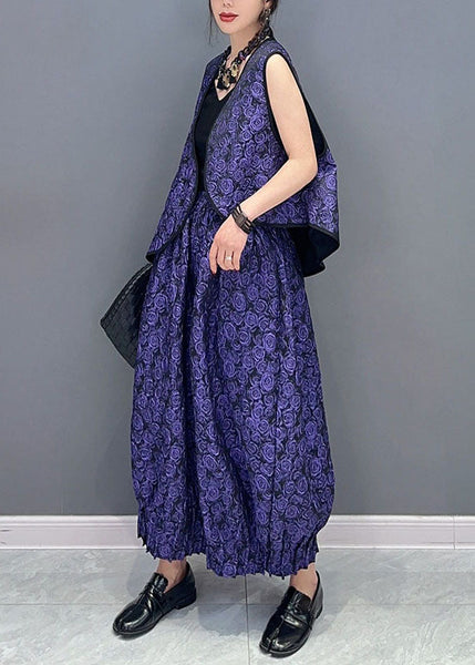 Vintage Purple Sleeveless Vest Tops And Pants Cotton Two Piece Set Women Clothing LC0354