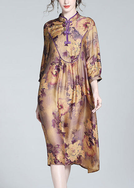 Vintage Purple Stand Collar Print Button Long Dress Spring LY1054