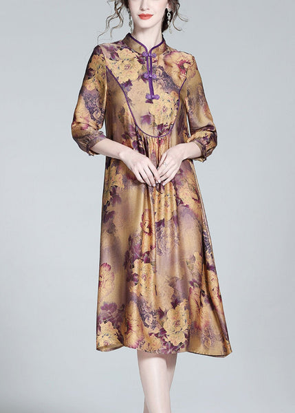 Vintage Purple Stand Collar Print Button Long Dress Spring LY1054