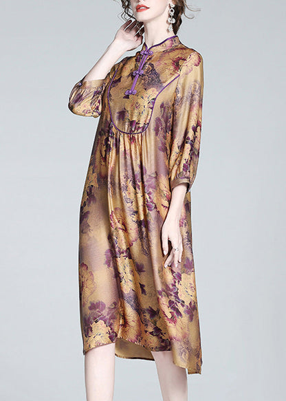 Vintage Purple Stand Collar Print Button Long Dress Spring LY1054