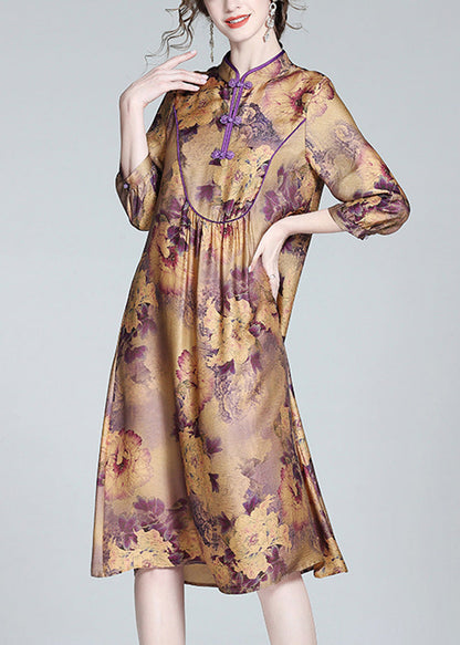 Vintage Purple Stand Collar Print Button Long Dress Spring LY1054