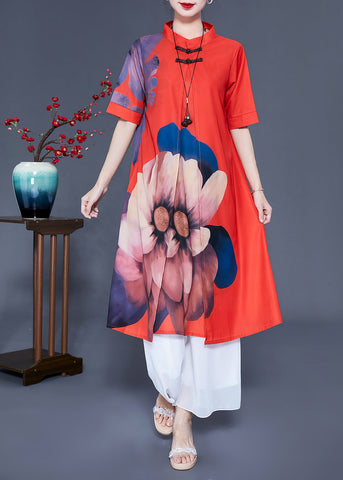 Vintage Red Chinese Button Floral Print Silk Two Pieces Set Summer LY0936