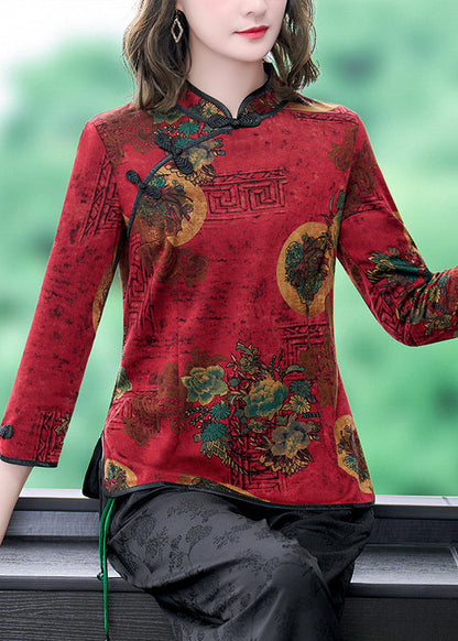 Vintage Red Mandarin Collar Chinese Button Print Silk Shirt Top Bracelet Sleeve LY0417