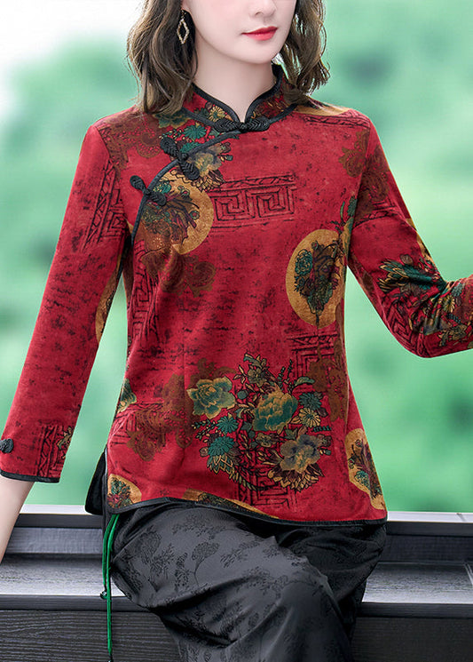 Vintage Red Mandarin Collar Chinese Button Print Silk Shirt Top Bracelet Sleeve LY0417