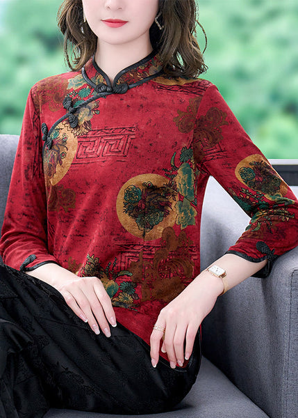 Vintage Red Mandarin Collar Chinese Button Print Silk Shirt Top Bracelet Sleeve LY0417