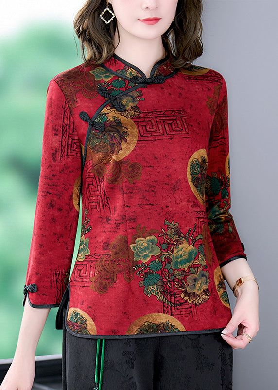 Vintage Red Mandarin Collar Chinese Button Print Silk Shirt Top Bracelet Sleeve LY0417
