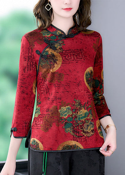 Vintage Red Mandarin Collar Chinese Button Print Silk Shirt Top Bracelet Sleeve LY0417
