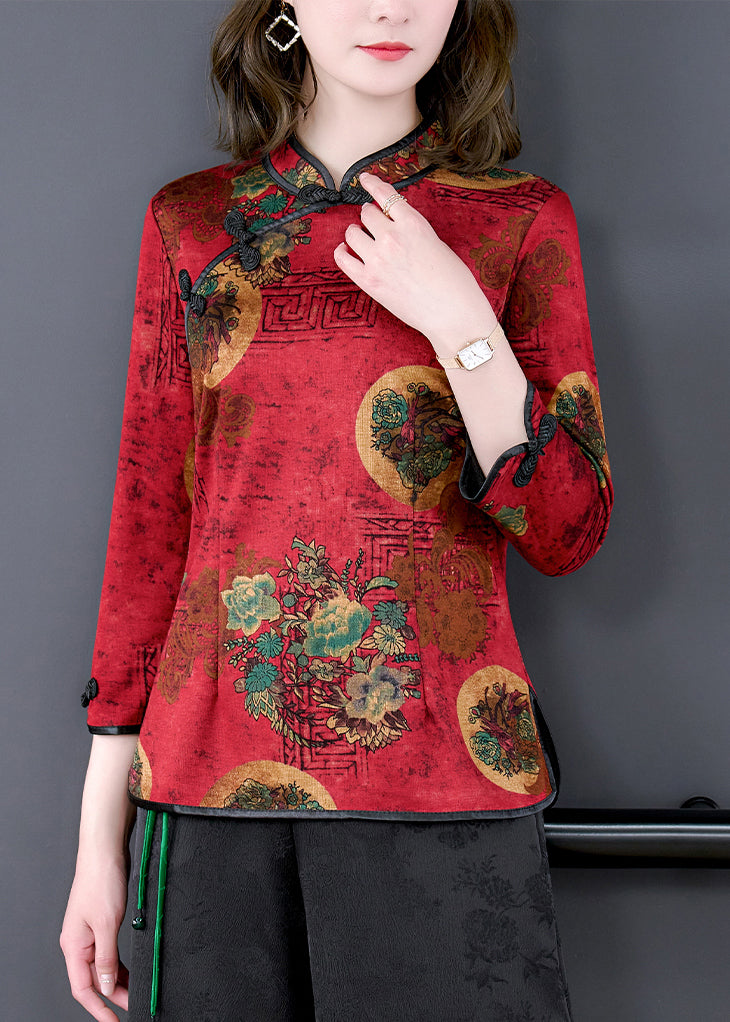 Vintage Red Mandarin Collar Chinese Button Print Silk Shirt Top Bracelet Sleeve LY0417