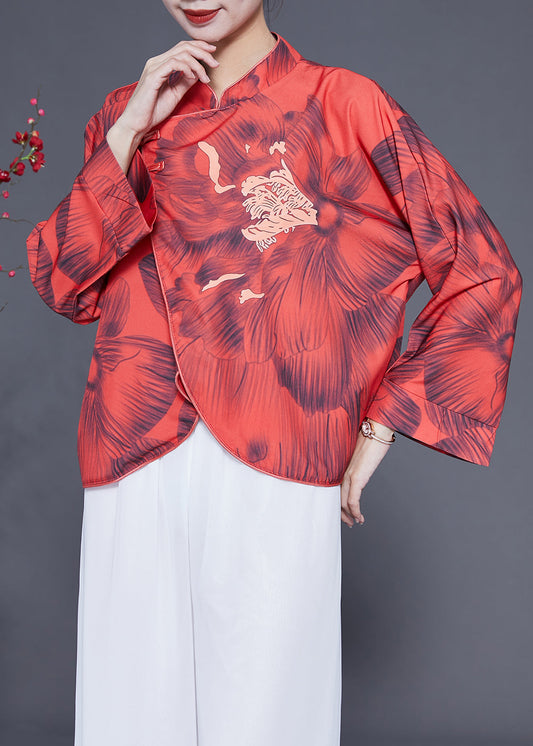 Vintage Red Mandarin Collar Print Chinese Button Silk Jacket Spring LY1827
