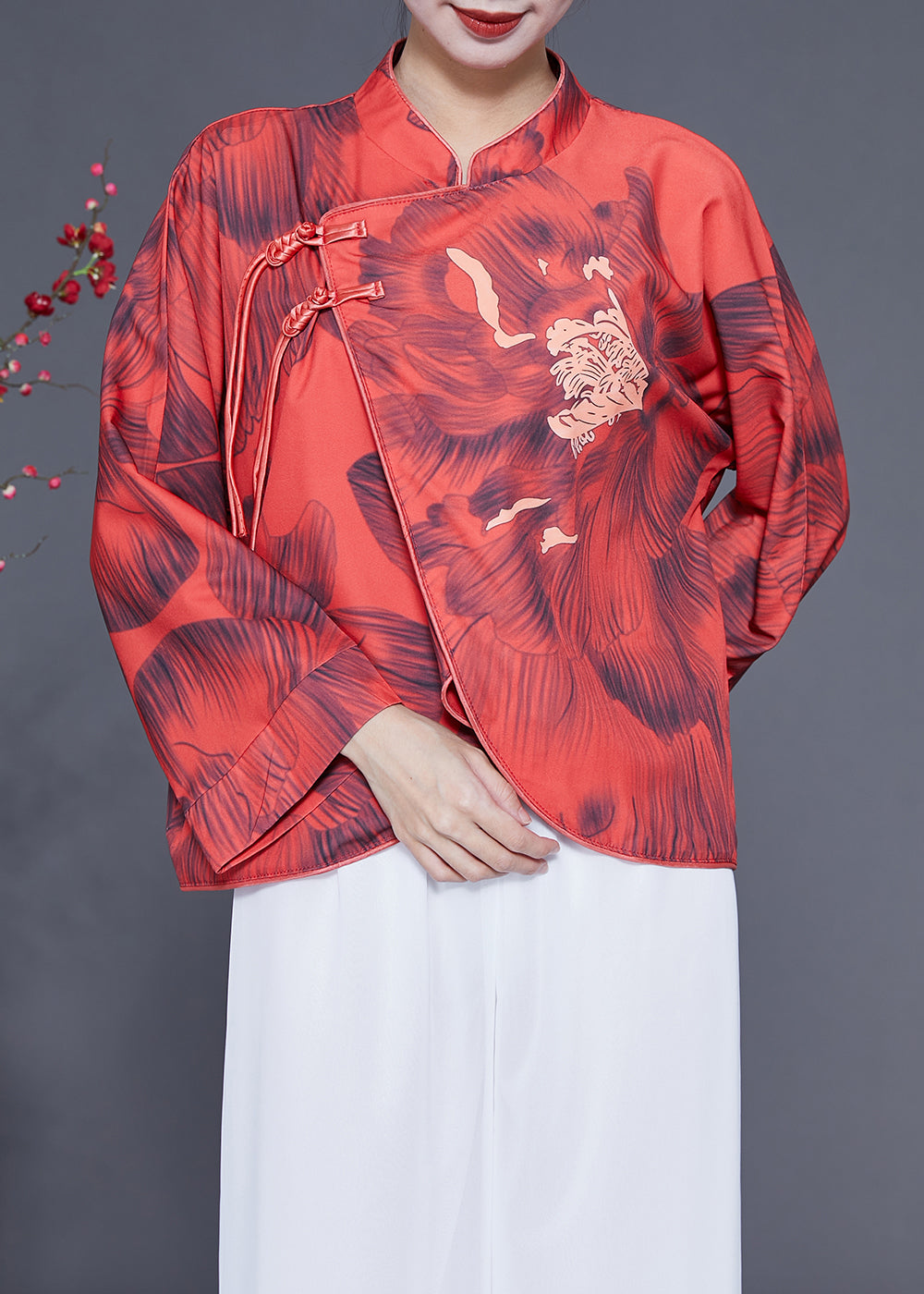 Vintage Red Mandarin Collar Print Chinese Button Silk Jacket Spring LY1827