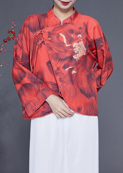 Vintage Red Mandarin Collar Print Chinese Button Silk Jacket Spring LY1827