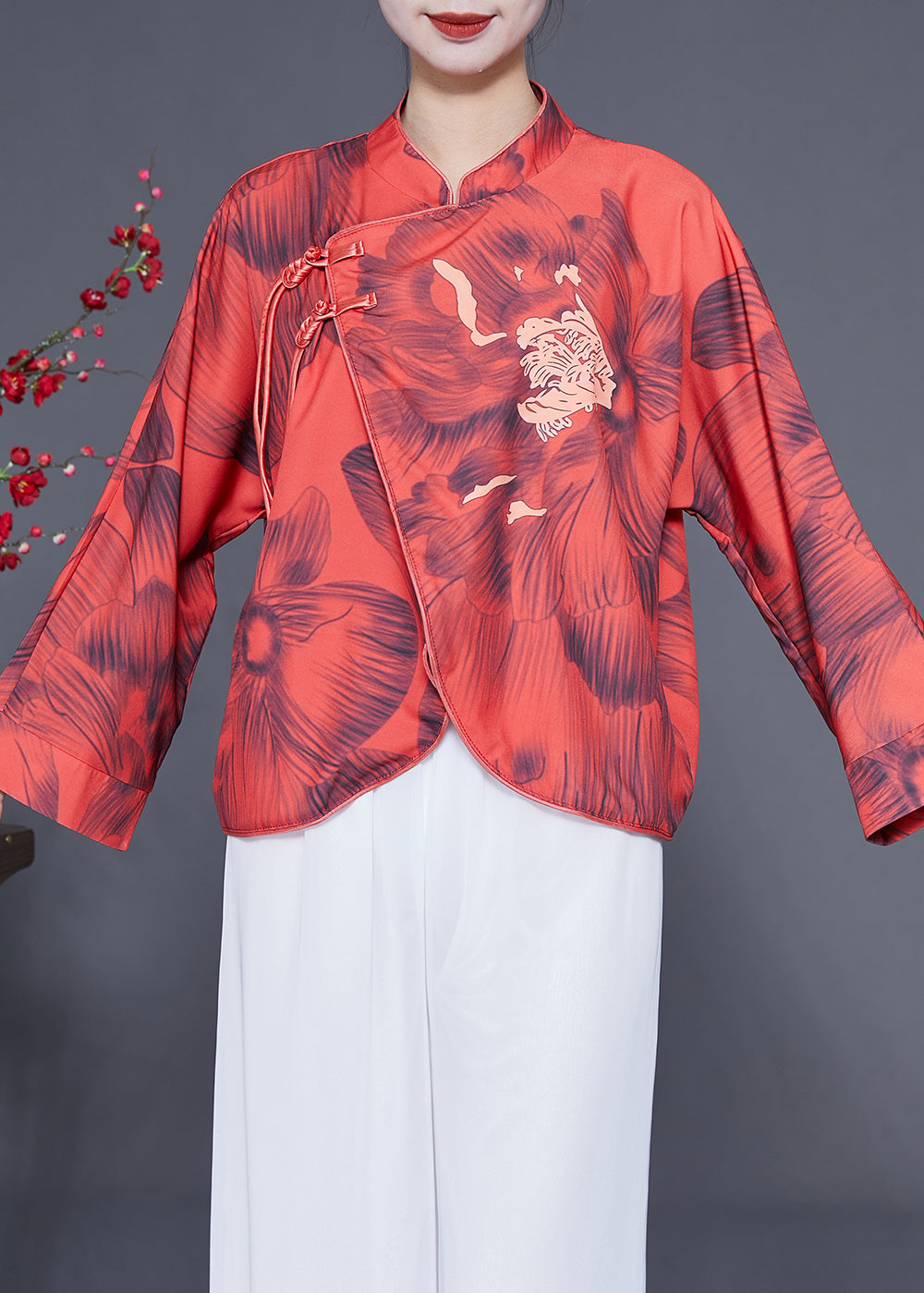 Vintage Red Mandarin Collar Print Chinese Button Silk Jacket Spring LY1827
