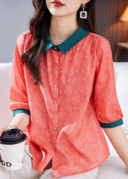 Vintage Red Peter Pan Collar Print Patchwork Linen Shirts Top Summer TP1037
