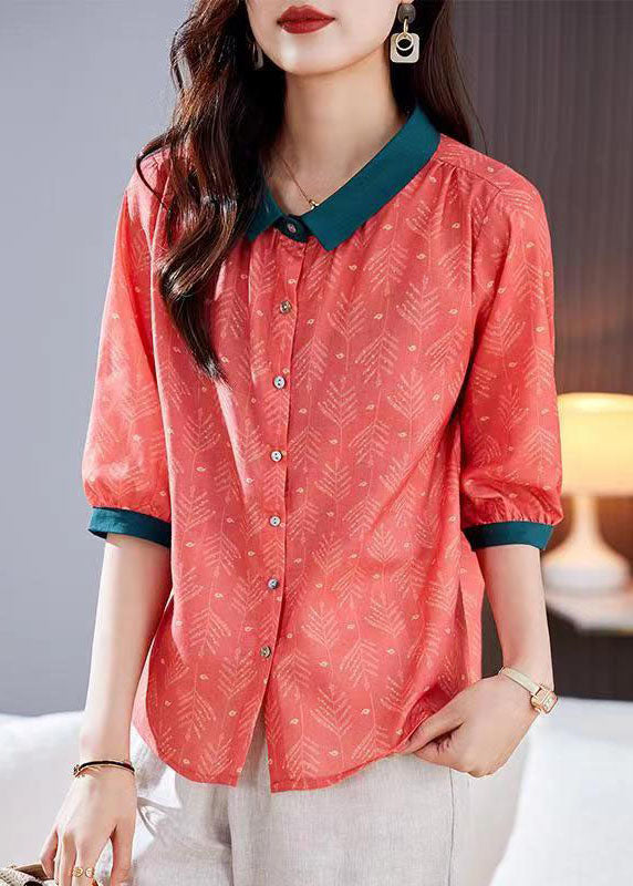 Vintage Red Peter Pan Collar Print Patchwork Linen Shirts Top Summer TP1037