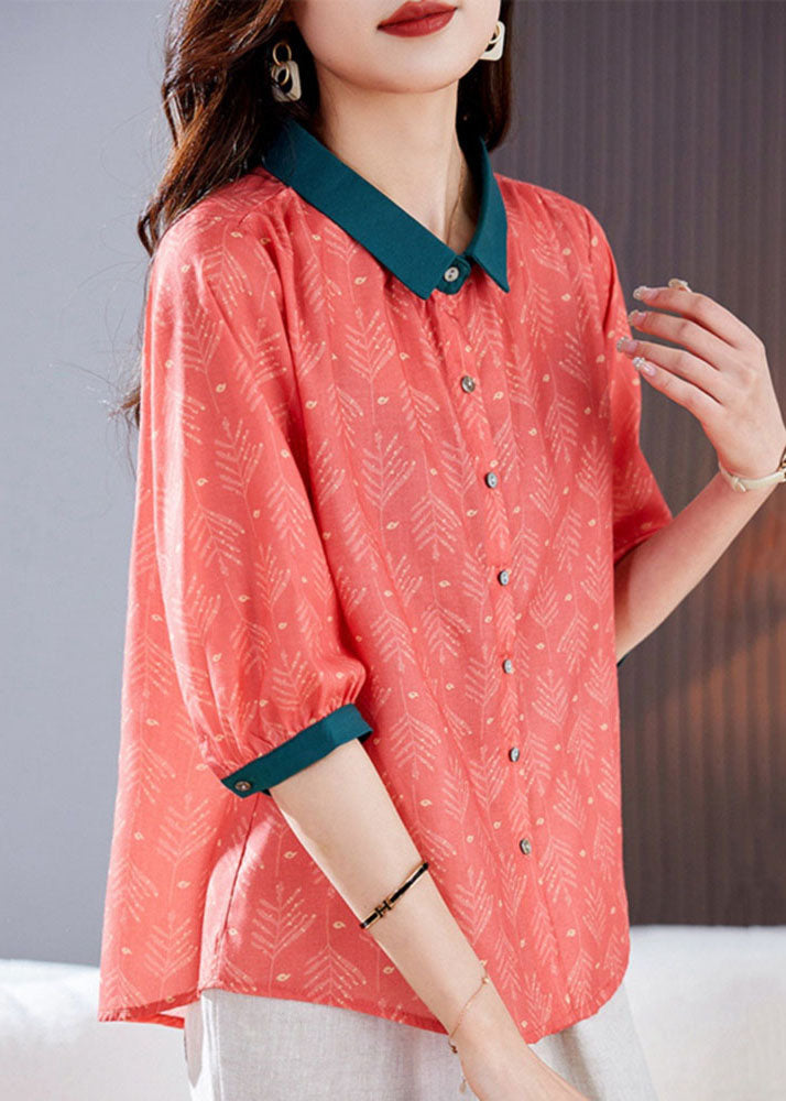 Vintage Red Peter Pan Collar Print Patchwork Linen Shirts Top Summer TP1037