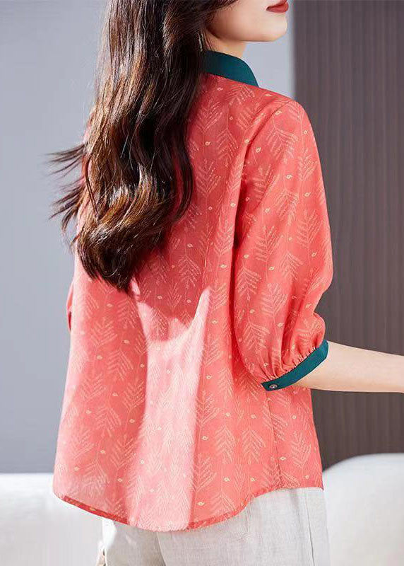 Vintage Red Peter Pan Collar Print Patchwork Linen Shirts Top Summer TP1037