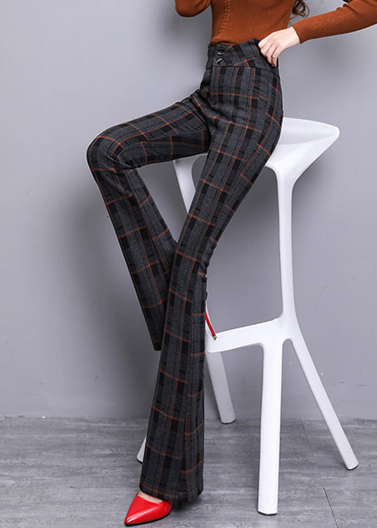 Vintage Red Plaid Button Zippered Woolen Bell Bottomed Trousers Spring LY0167