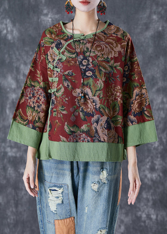 Vintage Red Print Patchwork Chinese Button Linen Fake Two Piece Top Summer TD1052
