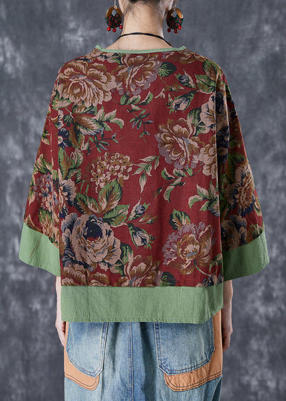 Vintage Red Print Patchwork Chinese Button Linen Fake Two Piece Top Summer TD1052