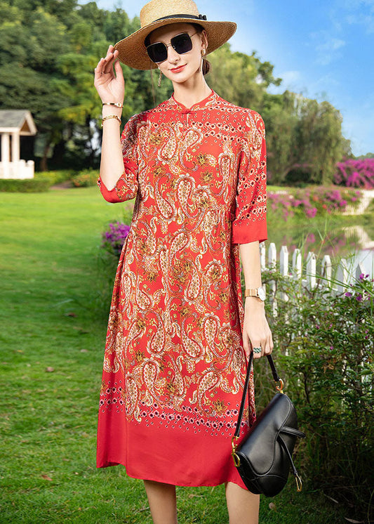 Vintage Red Stand Collar Print Button Patchwork Silk Dress Summer TF1020