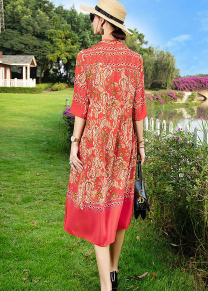 Vintage Red Stand Collar Print Button Patchwork Silk Dress Summer TF1020