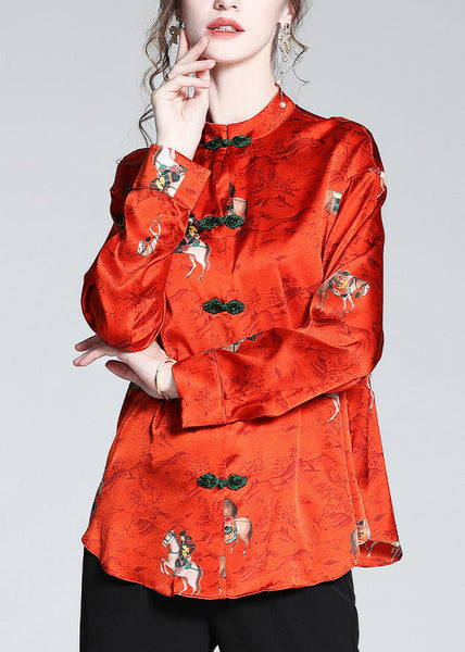 Vintage Red Stand Collar Print Button Silk Shirt Long  Sleeve LY0126