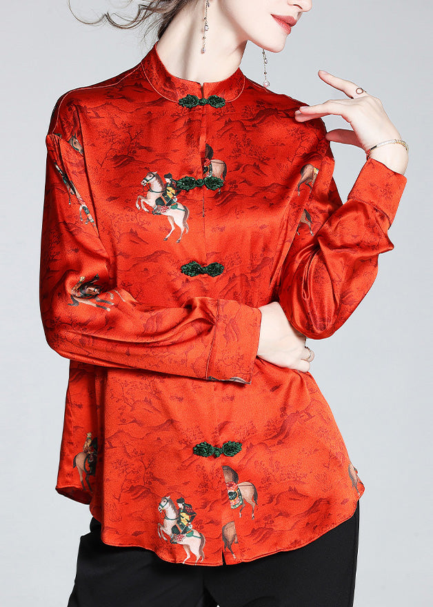Vintage Red Stand Collar Print Button Silk Shirt Long  Sleeve LY0126