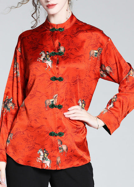Vintage Red Stand Collar Print Button Silk Shirt Long  Sleeve LY0126