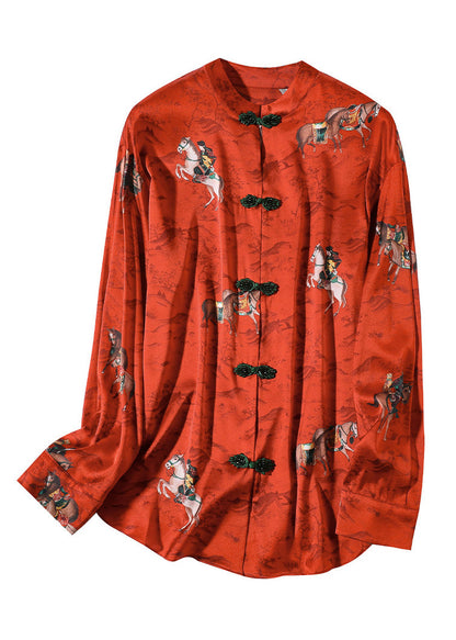 Vintage Red Stand Collar Print Button Silk Shirt Long  Sleeve LY0126