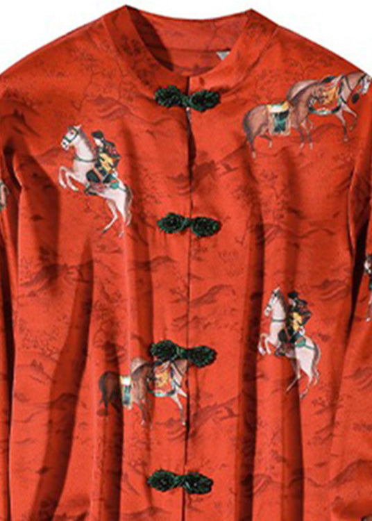 Vintage Red Stand Collar Print Button Silk Shirt Long  Sleeve LY0126