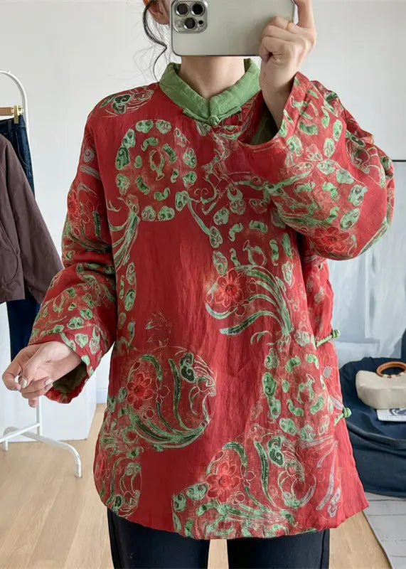 Vintage Red Stand Collar Print Oriental Button Fine Cotton Filled Top Winter Ada Fashion
