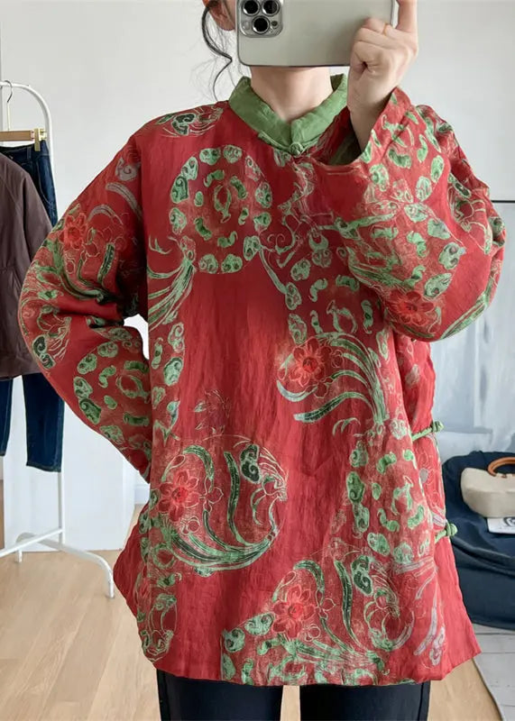 Vintage Red Stand Collar Print Oriental Button Fine Cotton Filled Top Winter Ada Fashion
