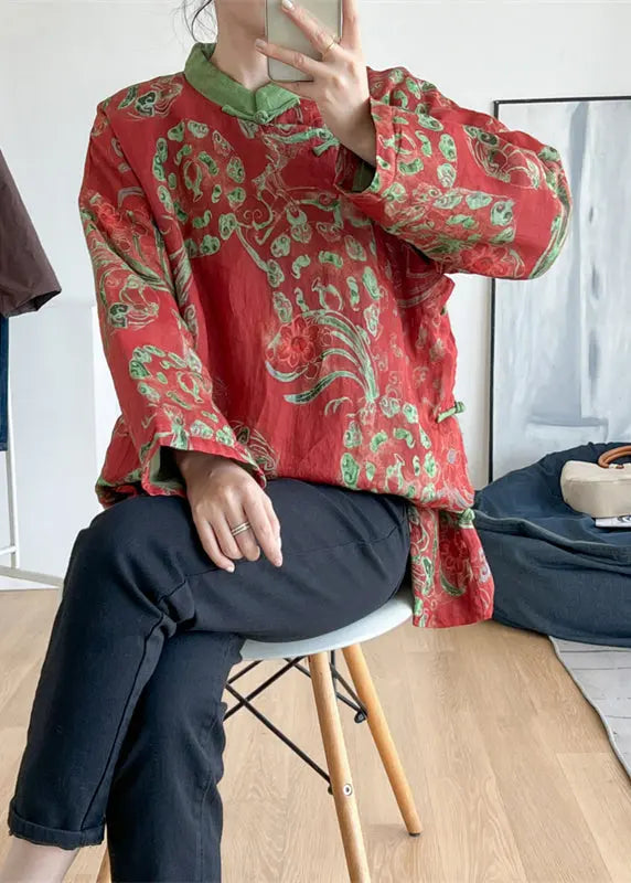 Vintage Red Stand Collar Print Oriental Button Fine Cotton Filled Top Winter Ada Fashion