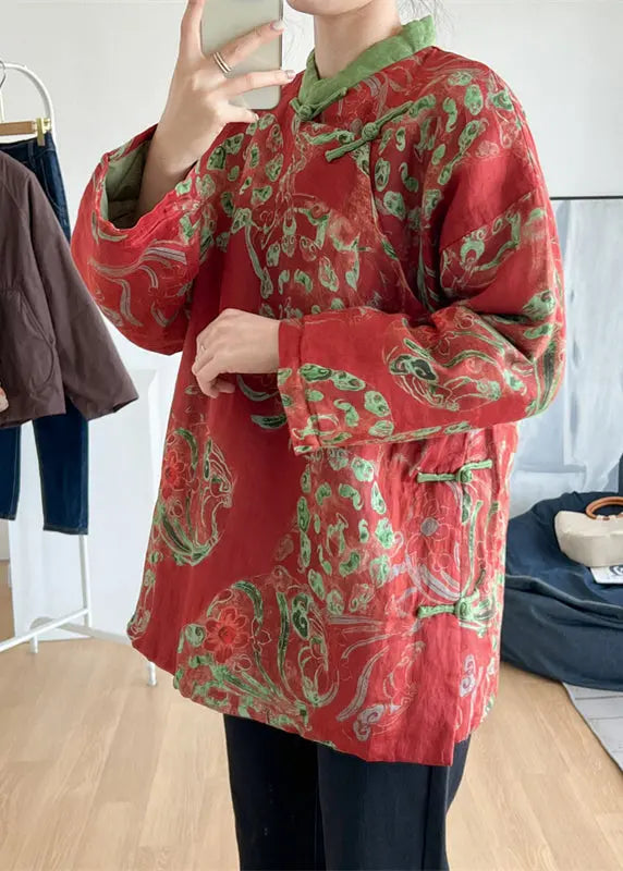 Vintage Red Stand Collar Print Oriental Button Fine Cotton Filled Top Winter Ada Fashion