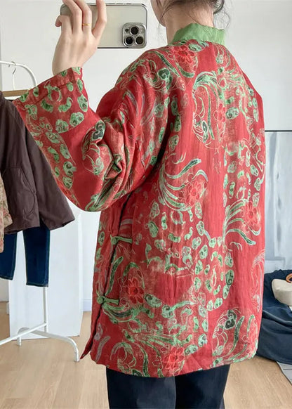 Vintage Red Stand Collar Print Oriental Button Fine Cotton Filled Top Winter Ada Fashion