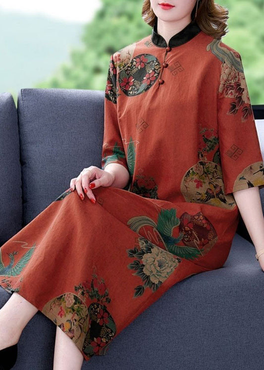 Vintage Red Stand Collar Print Silk A Line Dress Half Sleeve LY1666