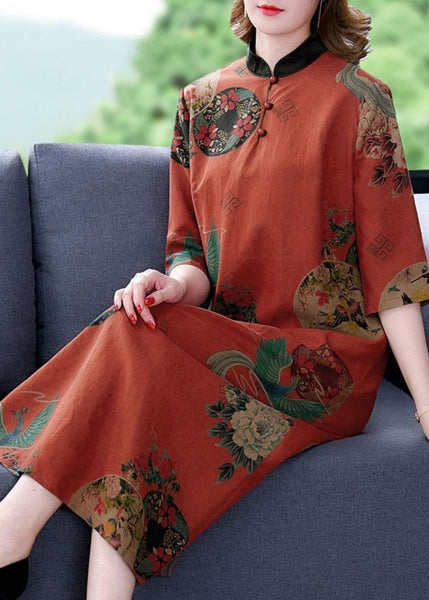 Vintage Red Stand Collar Print Silk A Line Dress Half Sleeve LY1666
