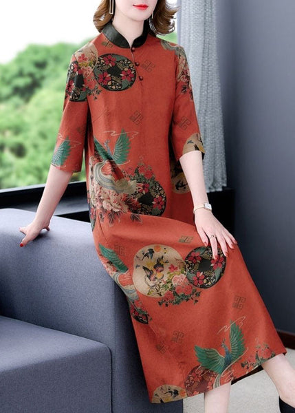 Vintage Red Stand Collar Print Silk A Line Dress Half Sleeve LY1666