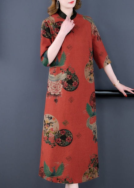 Vintage Red Stand Collar Print Silk A Line Dress Half Sleeve LY1666