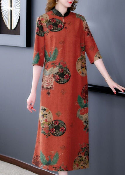 Vintage Red Stand Collar Print Silk A Line Dress Half Sleeve LY1666