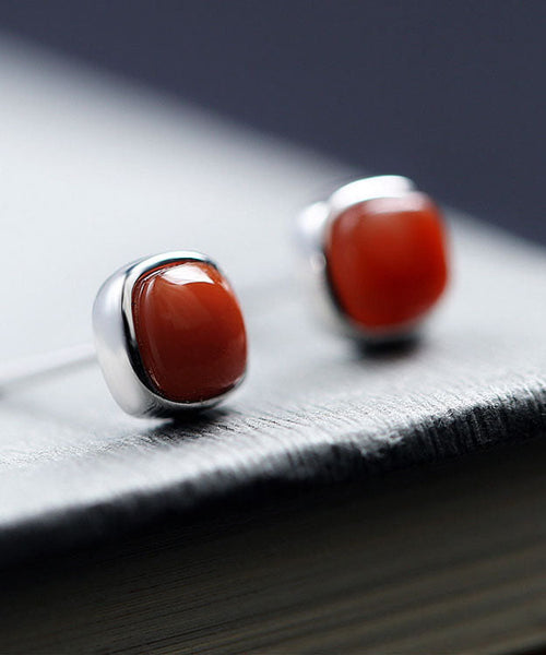 Vintage Red Sterling Silver Inlaid Agate Stud Earrings TW1034