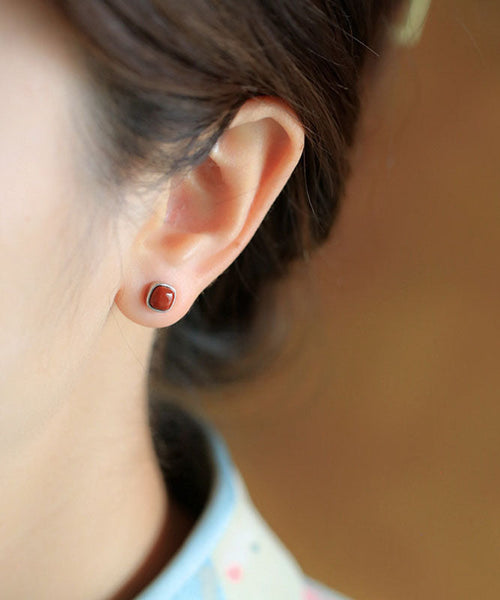 Vintage Red Sterling Silver Inlaid Agate Stud Earrings TW1034