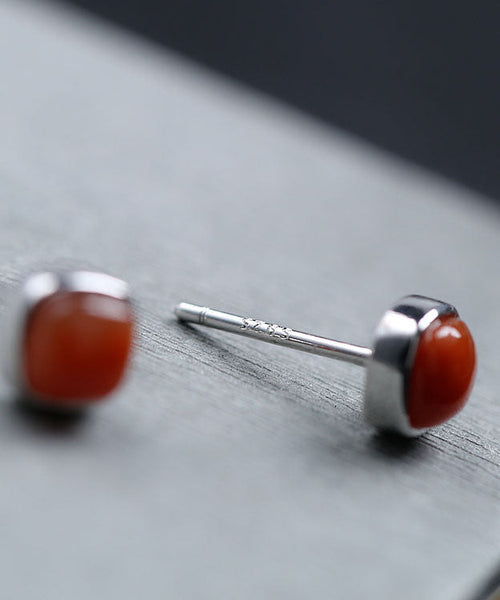 Vintage Red Sterling Silver Inlaid Agate Stud Earrings TW1034