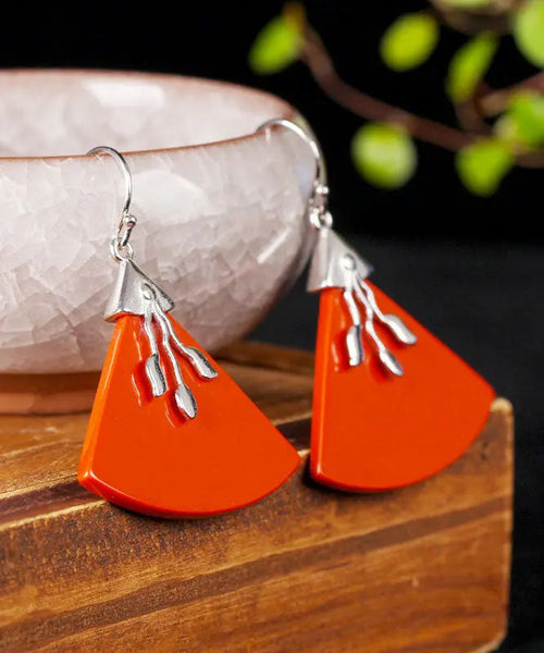 Vintage Red Sterling Silver Triangular Cinnabar Drop Earrings Ada Fashion