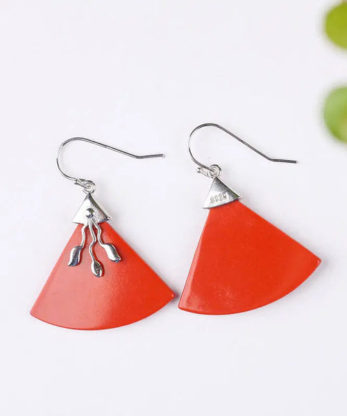 Vintage Red Sterling Silver Triangular Cinnabar Drop Earrings Ada Fashion