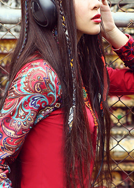 Vintage Red Turtleneck Print Cotton Tops Spring LY0193