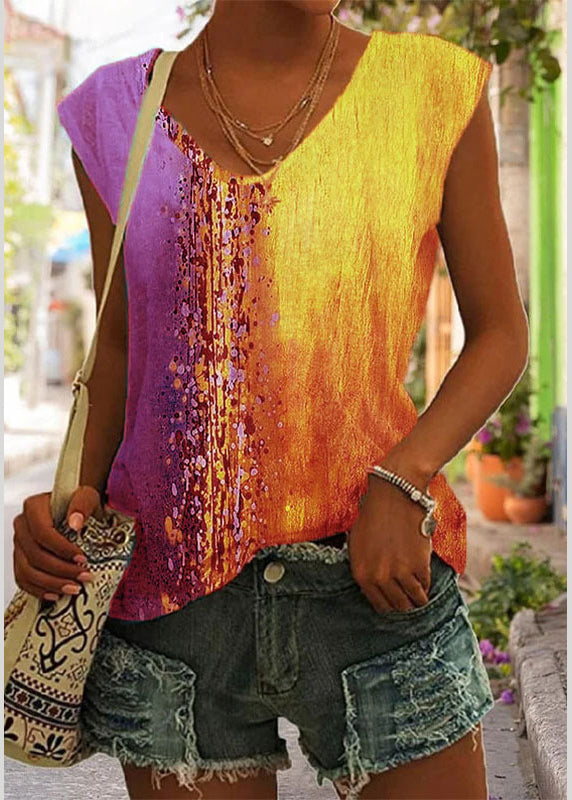 Vintage Rose V Neck Print Solid Tops Sleeveless LY1949