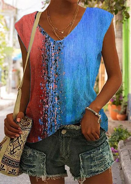 Vintage Rose V Neck Print Solid Tops Sleeveless LY1949