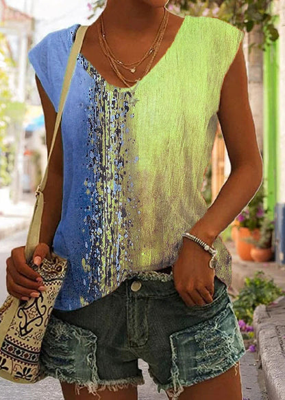 Vintage Rose V Neck Print Solid Tops Sleeveless LY1949