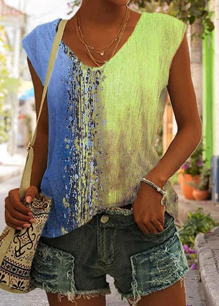 Vintage Rose V Neck Print Solid Tops Sleeveless LY1949